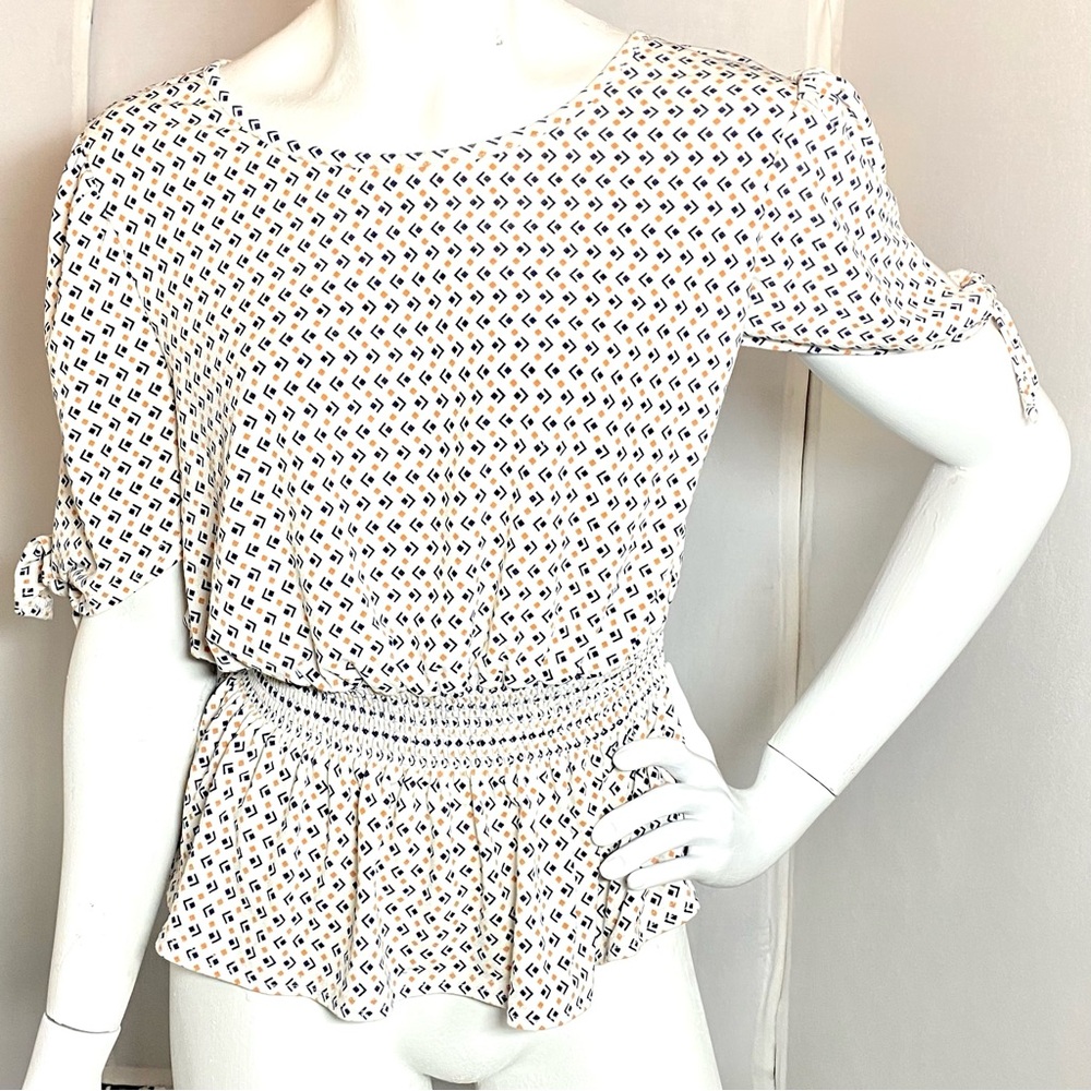 Sweet Wanderer White Peplum Top with Navy & Mustard Print